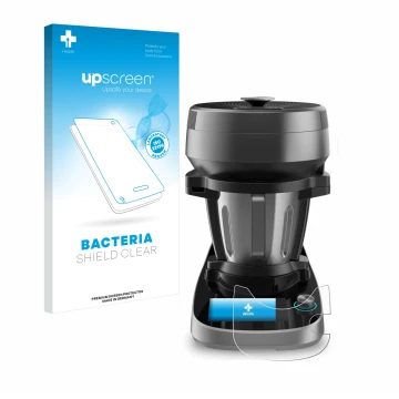 Parte frontal de un envase de producto con el logotipo de la marca upscreen. Al lado se muestra el dispositivo Cecotec Mambo V