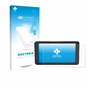 Parte frontal de un envase de producto con el logotipo de la marca upscreen. Al lado se muestra el dispositivo BMW ConnectedRi