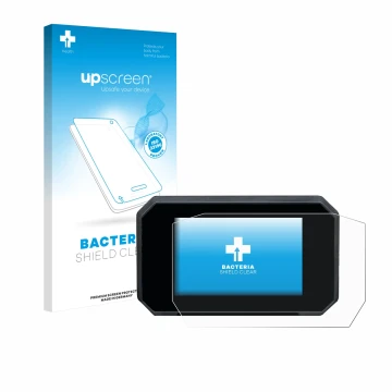 Parte frontal de un envase de producto con el logotipo de la marca upscreen. Al lado se muestra el dispositivo Suzuki GSX-S100