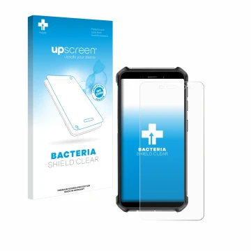 Parte frontal de un envase de producto con el logotipo de la marca upscreen. Al lado se muestra el dispositivo Ulefone Armor X