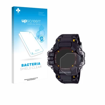 Parte frontal de un envase de producto con el logotipo de la marca upscreen. Al lado se muestra el dispositivo Casio G-Shock G