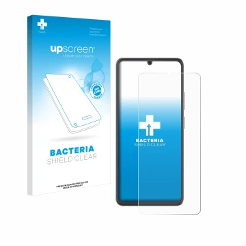 Parte frontal de un envase de producto con el logotipo de la marca upscreen. Al lado se muestra el dispositivo Cubot A20 con s