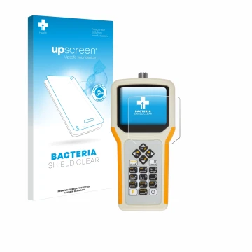 Parte frontal de un envase de producto con el logotipo de la marca upscreen. Al lado se muestra el dispositivo RigExpert AA-55