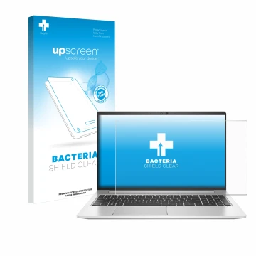 Parte frontal de un envase de producto con el logotipo de la marca upscreen. Al lado se muestra el dispositivo HP EliteBook 65