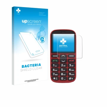 Parte frontal de un envase de producto con el logotipo de la marca upscreen. Al lado se muestra el dispositivo Doro 1360 con s