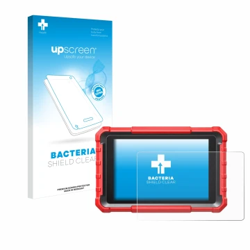 Parte frontal de un envase de producto con el logotipo de la marca upscreen. Al lado se muestra el dispositivo Launch X-431 PR