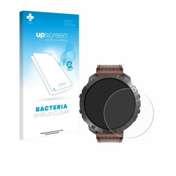 Parte frontal de un envase de producto con el logotipo de la marca upscreen. Al lado se muestra el dispositivo Polar Grit X2 P