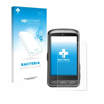 Parte frontal de un envase de producto con el logotipo de la marca upscreen. Al lado se muestra el dispositivo Wahoo Elemnt AC