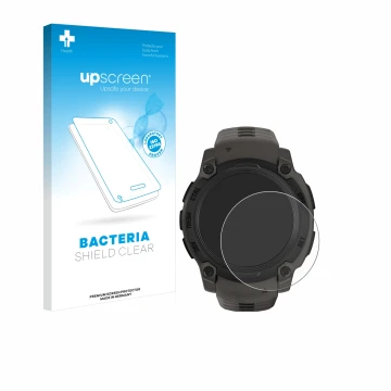 Parte frontal de un envase de producto con el logotipo de la marca upscreen. Al lado se muestra el dispositivo Garmin Instinct