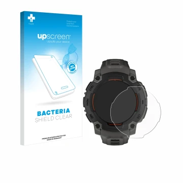 Parte frontal de un envase de producto con el logotipo de la marca upscreen. Al lado se muestra el dispositivo Garmin Instinct