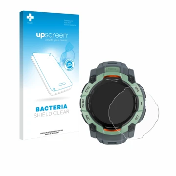 Parte frontal de un envase de producto con el logotipo de la marca upscreen. Al lado se muestra el dispositivo Garmin Instinct