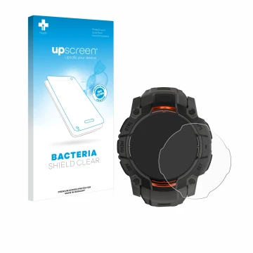 Parte frontal de un envase de producto con el logotipo de la marca upscreen. Al lado se muestra el dispositivo Garmin Instinct