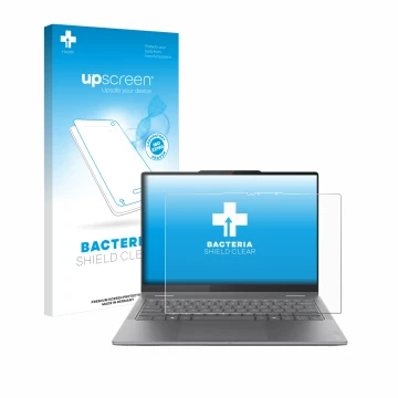 Parte frontal de un envase de producto con el logotipo de la marca upscreen. Al lado se muestra el dispositivo Lenovo Yoga 7i 