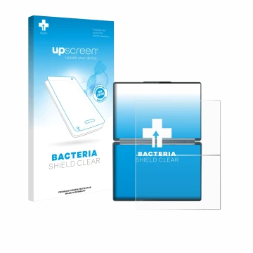 Parte frontal de un envase de producto con el logotipo de la marca upscreen. Al lado se muestra el dispositivo Lenovo Yoga Boo