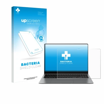 Parte frontal de un envase de producto con el logotipo de la marca upscreen. Al lado se muestra el dispositivo Samsung Galaxy 