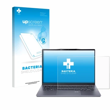 Parte frontal de un envase de producto con el logotipo de la marca upscreen. Al lado se muestra el dispositivo Acer Swift Go 1