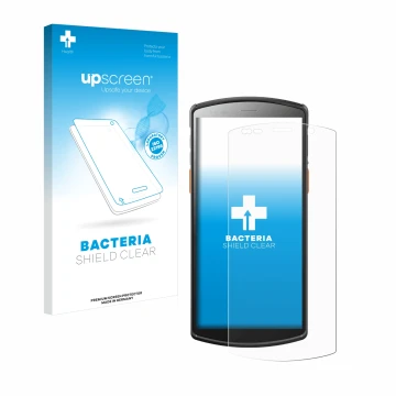 Parte frontal de un envase de producto con el logotipo de la marca upscreen. Al lado se muestra el dispositivo Urovo DT50S 5,7