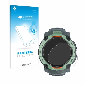 Parte frontal de un envase de producto con el logotipo de la marca upscreen. Al lado se muestra el dispositivo Garmin Instinct