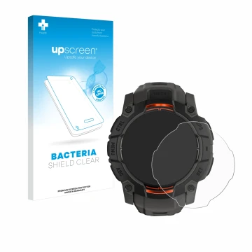Parte frontal de un envase de producto con el logotipo de la marca upscreen. Al lado se muestra el dispositivo Garmin Instinct