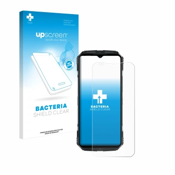 Parte frontal de un envase de producto con el logotipo de la marca upscreen. Al lado se muestra el dispositivo Doogee S118 Pro