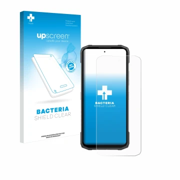 Parte frontal de un envase de producto con el logotipo de la marca upscreen. Al lado se muestra el dispositivo Doogee Blade 10