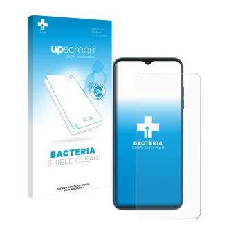 Parte frontal de un envase de producto con el logotipo de la marca upscreen. Al lado se muestra el dispositivo Hotwav Note 13 