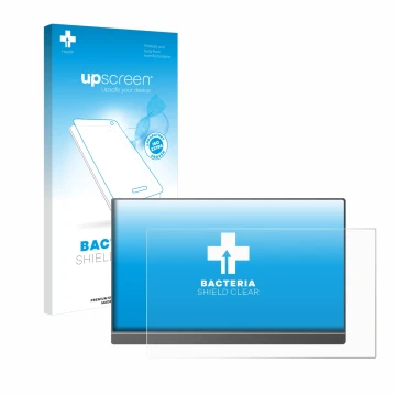 Parte frontal de un envase de producto con el logotipo de la marca upscreen. Al lado se muestra el dispositivo Arzopa Z1FC 16.