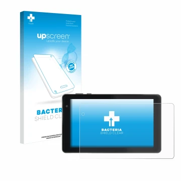 Parte frontal de un envase de producto con el logotipo de la marca upscreen. Al lado se muestra el dispositivo Lisciani Mio Ta