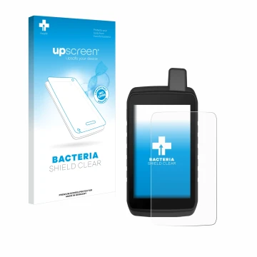 Parte frontal de un envase de producto con el logotipo de la marca upscreen. Al lado se muestra el dispositivo Garmin Montana 