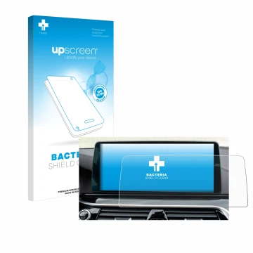 Parte frontal de un envase de producto con el logotipo de la marca upscreen. Al lado se muestra el dispositivo BMW Facelift G3