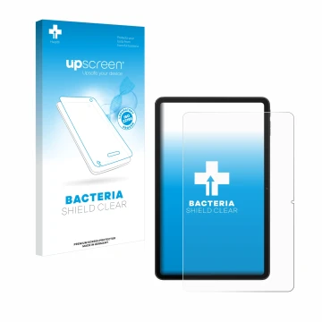 Parte frontal de un envase de producto con el logotipo de la marca upscreen. Al lado se muestra el dispositivo Blackview MEGA 