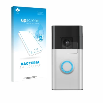 Parte frontal de un envase de producto con el logotipo de la marca upscreen. Al lado se muestra el dispositivo Ring Battery Vi