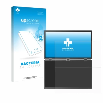 Parte frontal de un envase de producto con el logotipo de la marca upscreen. Al lado se muestra el dispositivo Uperfect UStati
