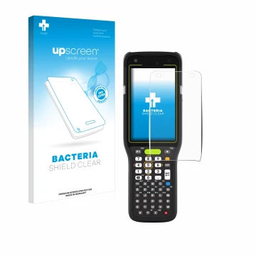 Parte frontal de un envase de producto con el logotipo de la marca upscreen. Al lado se muestra el dispositivo Zebra MC3400 co