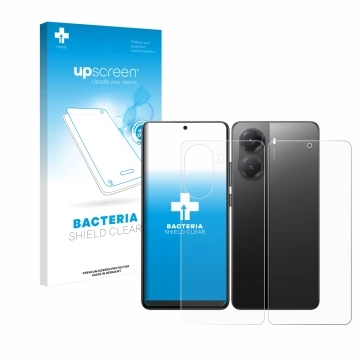 Parte frontal de un envase de producto con el logotipo de la marca upscreen. Al lado se muestra el dispositivo Xiaomi Poco X7 