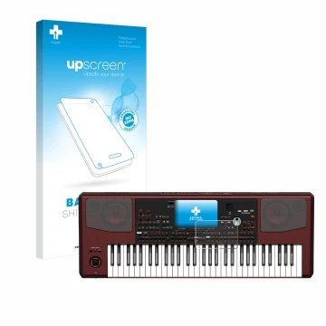 Parte frontal de un envase de producto con el logotipo de la marca upscreen. Al lado se muestra el dispositivo KORG Pa700 con 