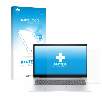 Parte frontal de un envase de producto con el logotipo de la marca upscreen. Al lado se muestra el dispositivo HP Envy 17-da07