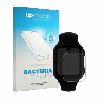 Parte frontal de un envase de producto con el logotipo de la marca upscreen. Al lado se muestra el dispositivo Garett Kids Vib