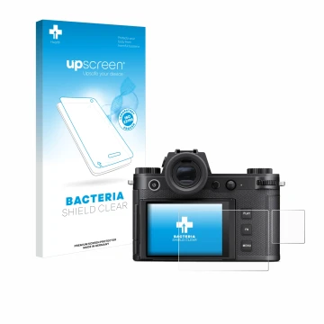 Parte frontal de un envase de producto con el logotipo de la marca upscreen. Al lado se muestra el dispositivo Leica SL3-S (Pa