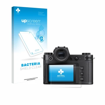Parte frontal de un envase de producto con el logotipo de la marca upscreen. Al lado se muestra el dispositivo Leica SL3-S con