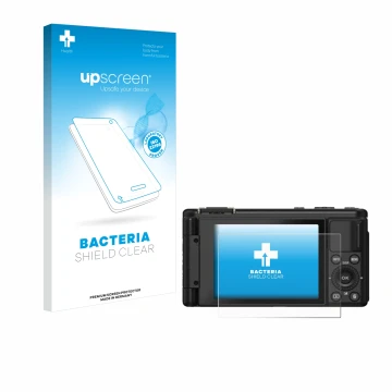 Parte frontal de un envase de producto con el logotipo de la marca upscreen. Al lado se muestra el dispositivo Yashica City 20