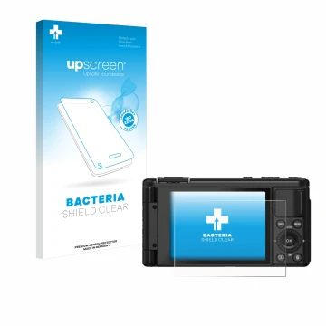 Parte frontal de un envase de producto con el logotipo de la marca upscreen. Al lado se muestra el dispositivo Yashica City 10