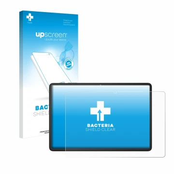 Parte frontal de un envase de producto con el logotipo de la marca upscreen. Al lado se muestra el dispositivo Blackview Tab 6