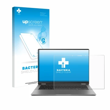 Parte frontal de un envase de producto con el logotipo de la marca upscreen. Al lado se muestra el dispositivo ASUS Vivobook 1