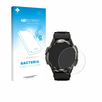Parte frontal de un envase de producto con el logotipo de la marca upscreen. Al lado se muestra el dispositivo Kospet Tank T3 