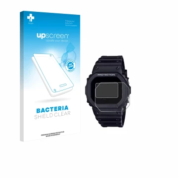 Parte frontal de un envase de producto con el logotipo de la marca upscreen. Al lado se muestra el dispositivo Casio G-Shock D