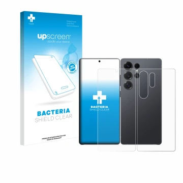 Parte frontal de un envase de producto con el logotipo de la marca upscreen. Al lado se muestra el dispositivo Samsung Galaxy 