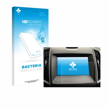 Parte frontal de un envase de producto con el logotipo de la marca upscreen. Al lado se muestra el dispositivo Ford Galaxy Inf