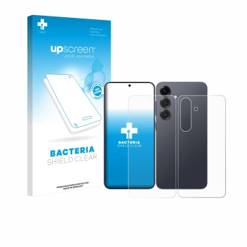 Parte frontal de un envase de producto con el logotipo de la marca upscreen. Al lado se muestra el dispositivo Samsung Galaxy 