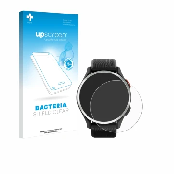 Parte frontal de un envase de producto con el logotipo de la marca upscreen. Al lado se muestra el dispositivo Garmin Approach